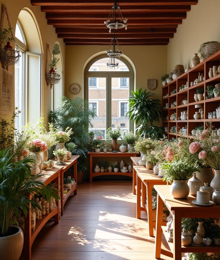L'interno accogliente del negozio Uffizi Flowers con fiori freschi esposti in vasi artigianali.