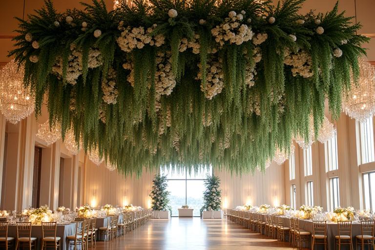 Un grande allestimento floreale sospeso con fogliame verde e fiori bianchi sopra una sala per eventi elegante.