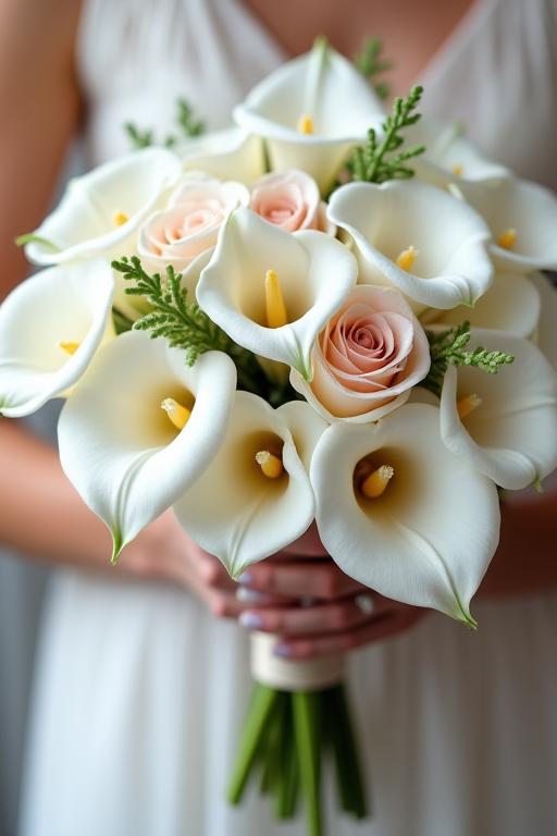 Un elegante bouquet da sposa con calle bianche e rose antiche, legato con un nastro di seta.