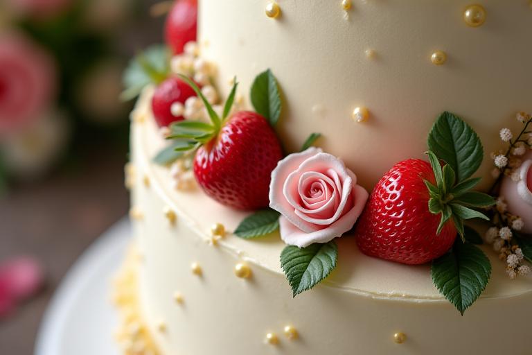Una torta nuziale a piani ricoperta di glassa e decorata con fiori freschi, piccole rose e fragoline di bosco.
