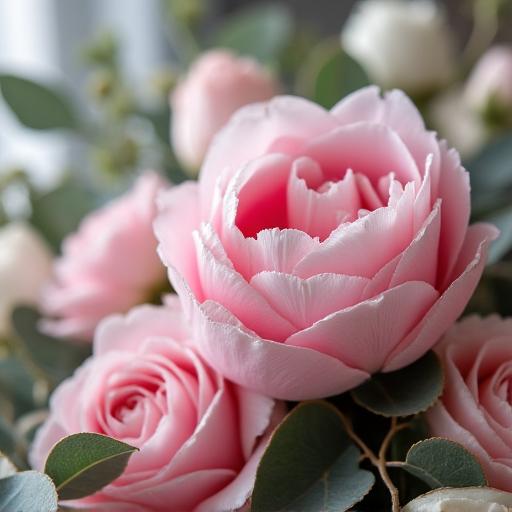 Dettaglio ravvicinato di un centrotavola con peonie rosa cipria, rose e rametti di eucalipto argentato.