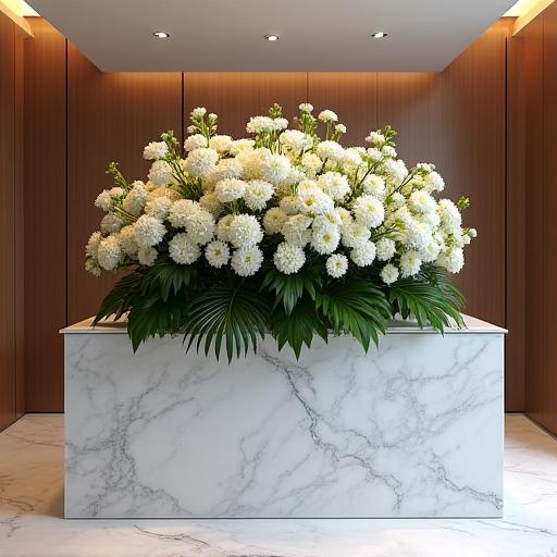 Una moderna e grande composizione floreale sulla reception in marmo di un ufficio di lusso.