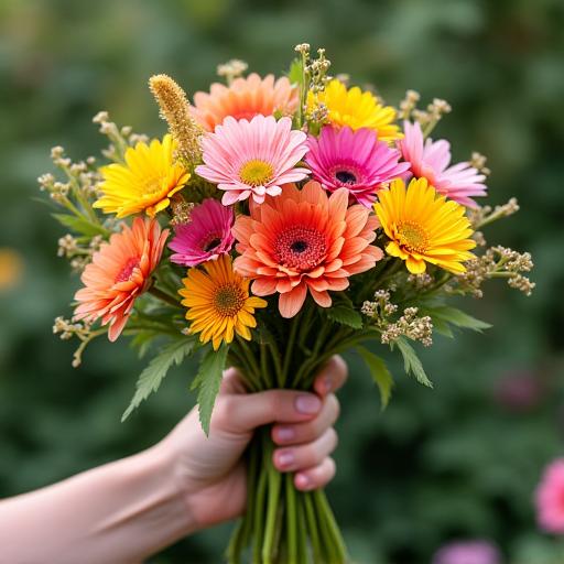 Un bouquet di fiori freschi, colorati e selvatici, tenuto delicatamente in mano.