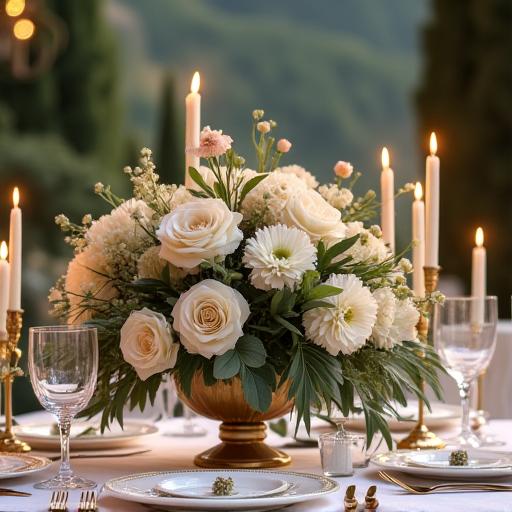 Un elegante allestimento floreale con candele e fiori bianchi per la tavola di un matrimonio in Toscana.