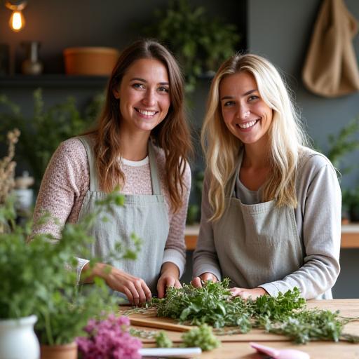 Due partecipanti sorridenti che lavorano su erbe e fiori durante un workshop di composizione floreale.