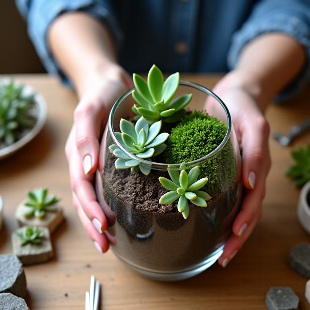 Una persona con le mani impegnate ad assemblare con cura un terrario di vetro con piante succulente e muschio.